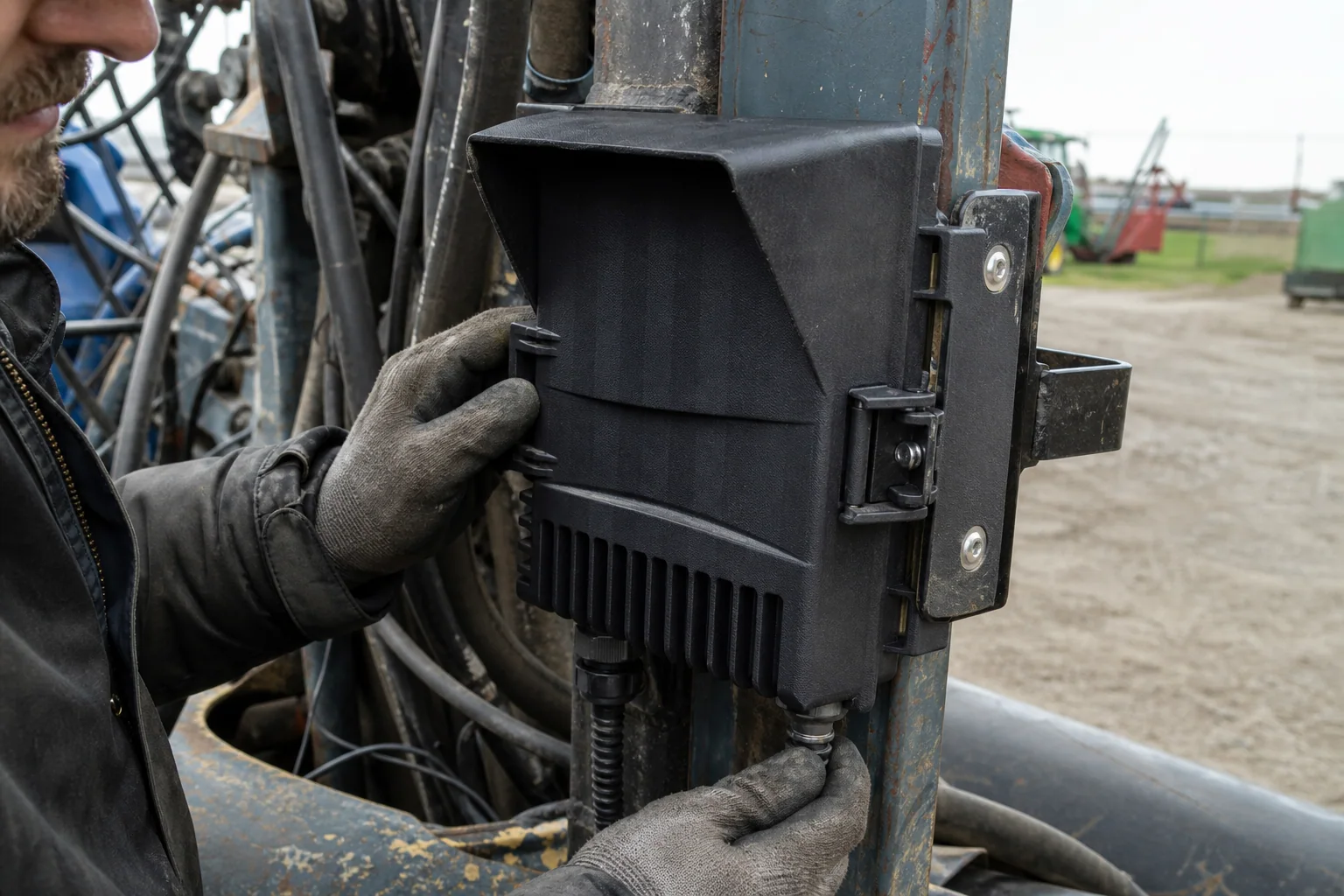 ASA-CF printed rugged instrument housing being serviced on outdoor agricultural machinery