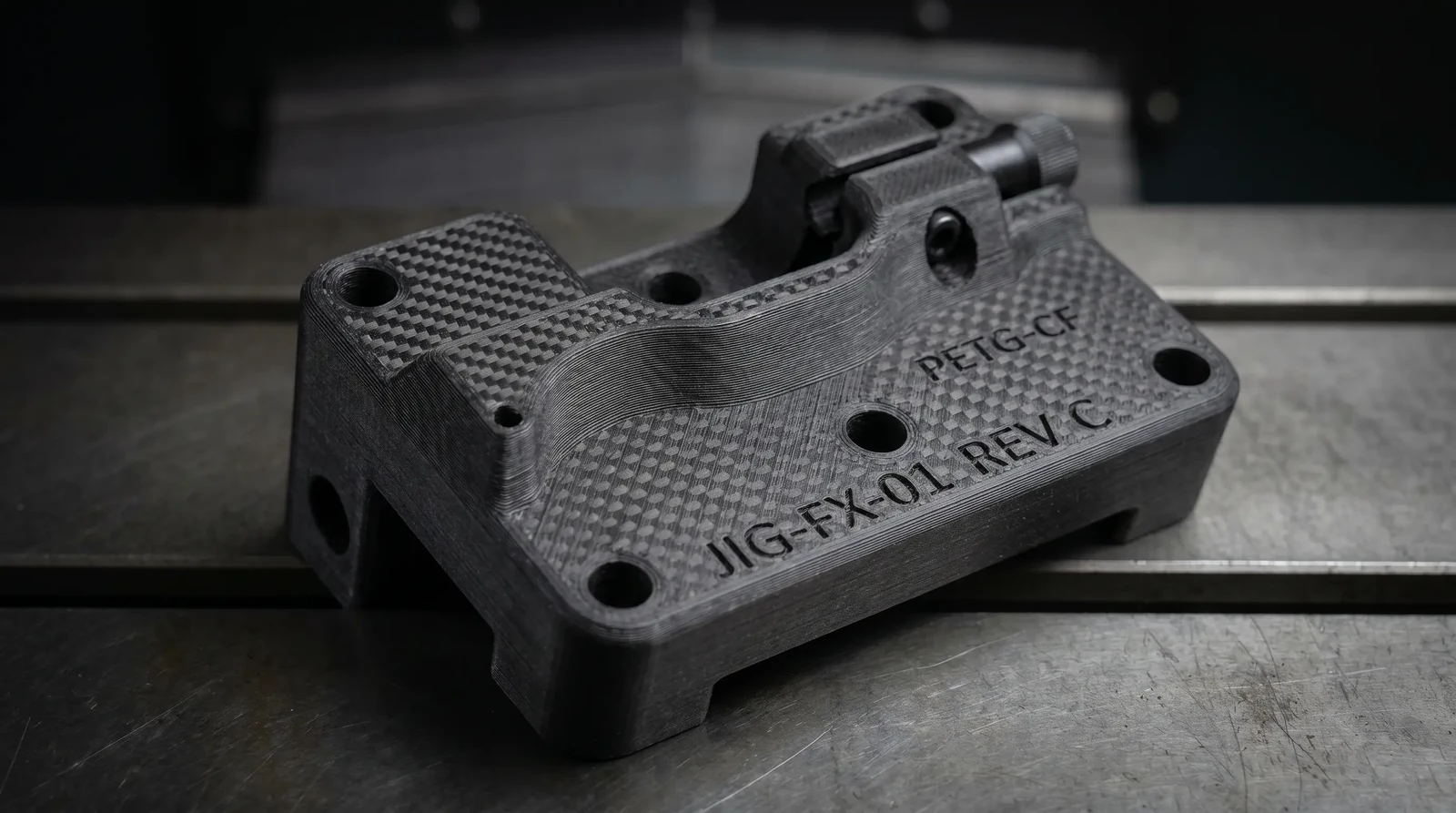 PETG-CF printed industrial assembly jig with an integrated hinge, locating holes and metal hardware on a workshop bench